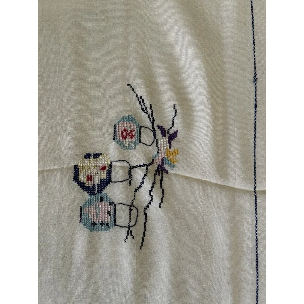 Vintage Asian Silk Tablecloth Lantern Cross Stitch Embroidery Beautiful !